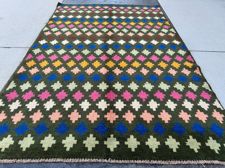 4x6 Handmade Vintage Afghan Baluch Rug | Charcoal Grey Navy Blue Salmon Rose Pink Peach Mint Green Mustard Gold Chocolate Brown White | Wool