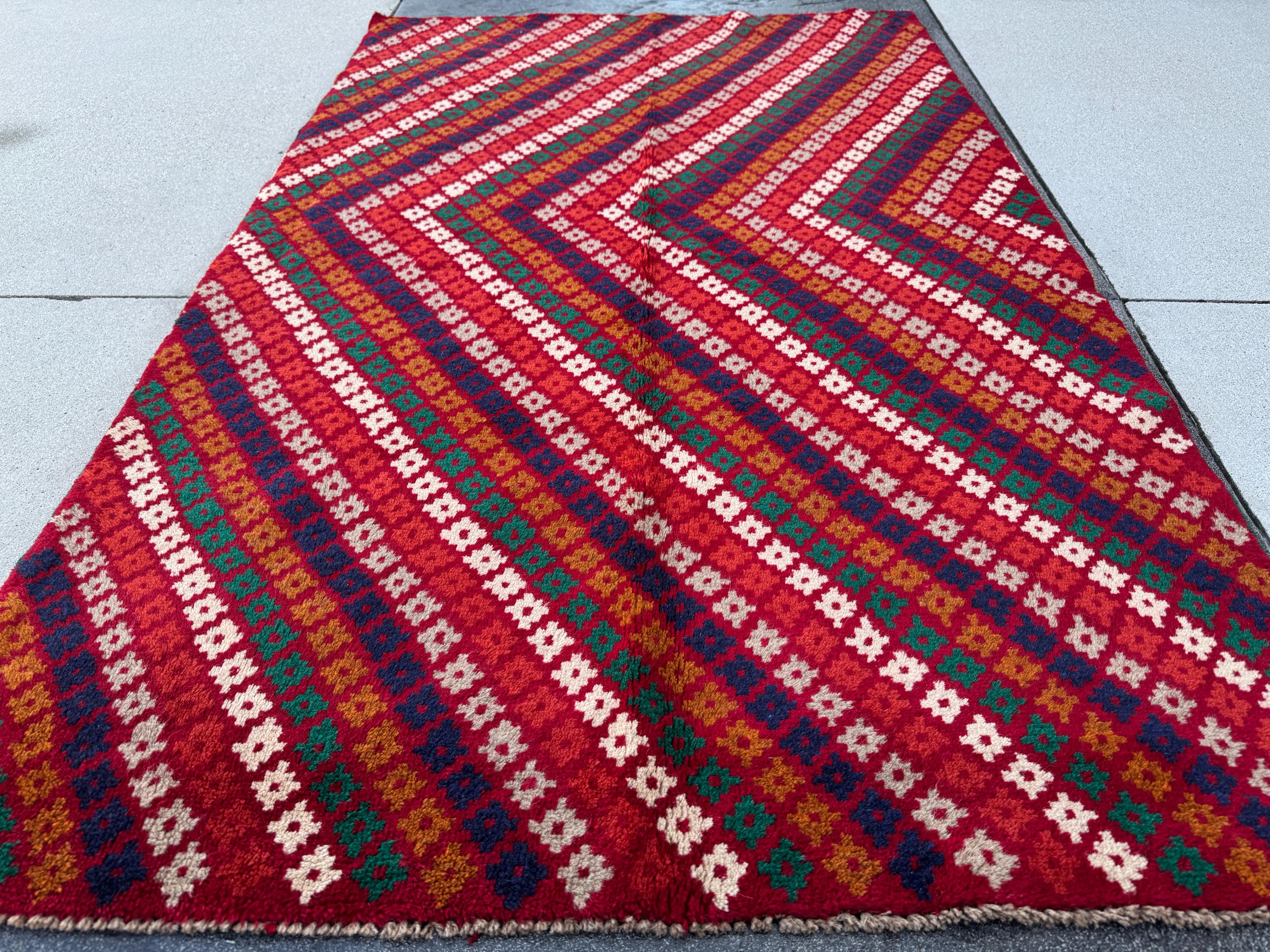4x6 Handmade Vintage Afghan Baluch Rug | Brick Red Copper Brown White Light Grey Burnt Orange Pine Green Midnight Blue | Wool Flatwoven