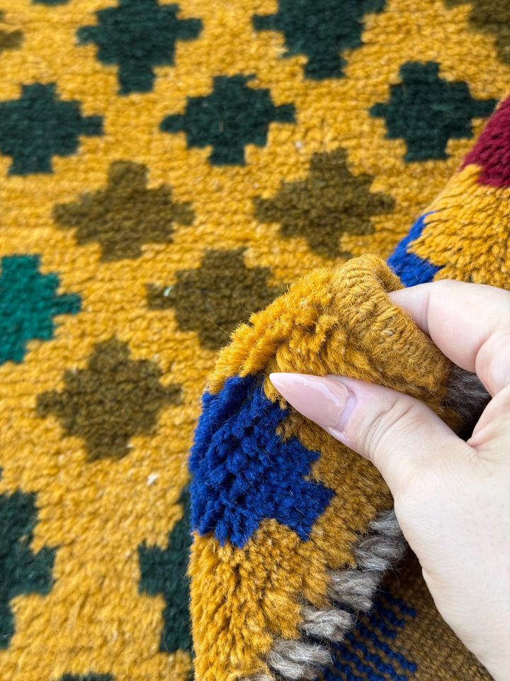 4x6 Handmade Vintage Afghan Baluch Rug | Mustard Gold Pine Forest Olive Green Copper Brown Navy Blue Light Grey Brick Red | Wool Flatwoven