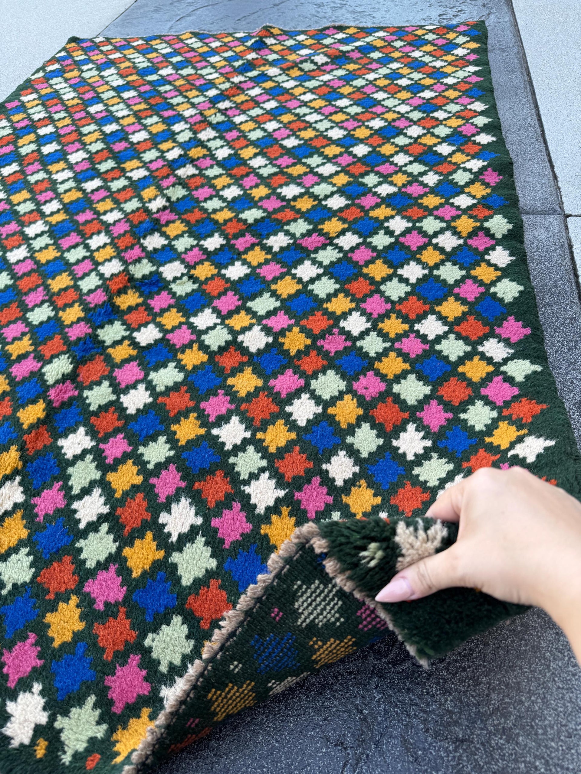 4x6 Handmade Vintage Afghan Baluch Rug | Charcoal Grey Navy Blue Burnt Orange Mint Green Rose Pink Mustard Gold White | Wool Flatwoven