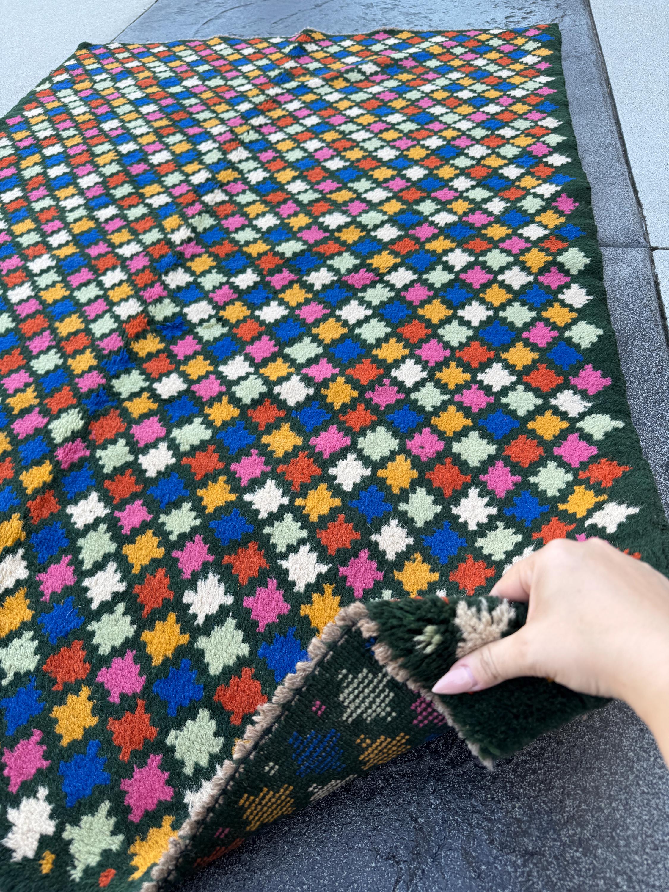 4x6 Handmade Vintage Afghan Baluch Rug | Charcoal Grey Navy Blue Burnt Orange Mint Green Rose Pink Mustard Gold White | Wool Flatwoven