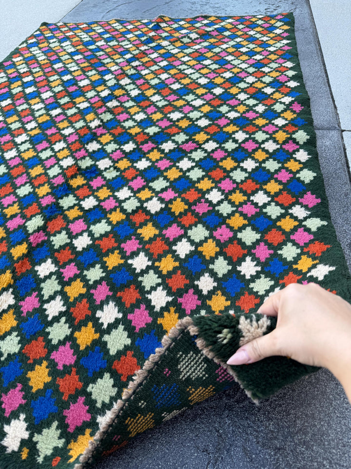 4x6 Handmade Vintage Afghan Baluch Rug | Charcoal Grey Navy Blue Burnt Orange Mint Green Rose Pink Mustard Gold White | Wool Flatwoven
