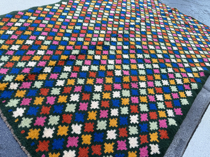4x6 Handmade Vintage Afghan Baluch Rug | Charcoal Grey Navy Blue Burnt Orange Mint Green Rose Pink Mustard Gold White | Wool Flatwoven