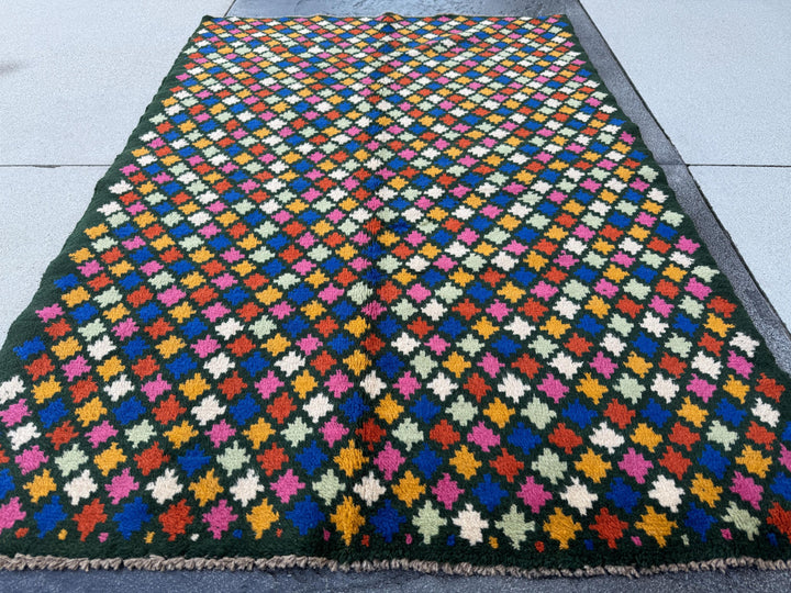 4x6 Handmade Vintage Afghan Baluch Rug | Charcoal Grey Navy Blue Burnt Orange Mint Green Rose Pink Mustard Gold White | Wool Flatwoven
