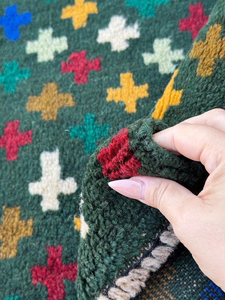 4x6 Handmade Vintage Afghan Baluch Rug | Pine Forest Mint Olive Green Mustard Gold White Brick Red Navy Blue | Wool Flatwoven