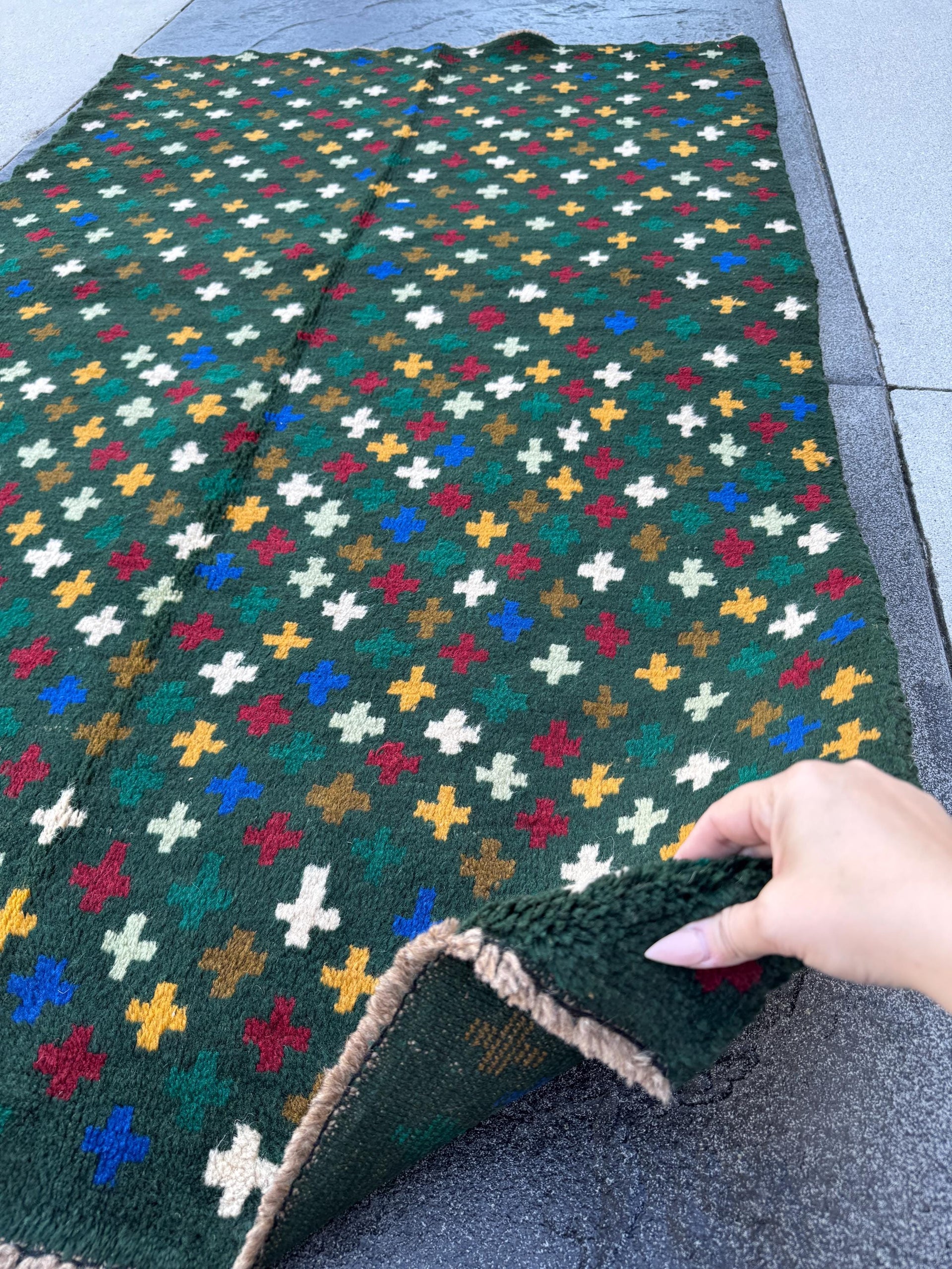 4x6 Handmade Vintage Afghan Baluch Rug | Pine Forest Mint Olive Green Mustard Gold White Brick Red Navy Blue | Wool Flatwoven