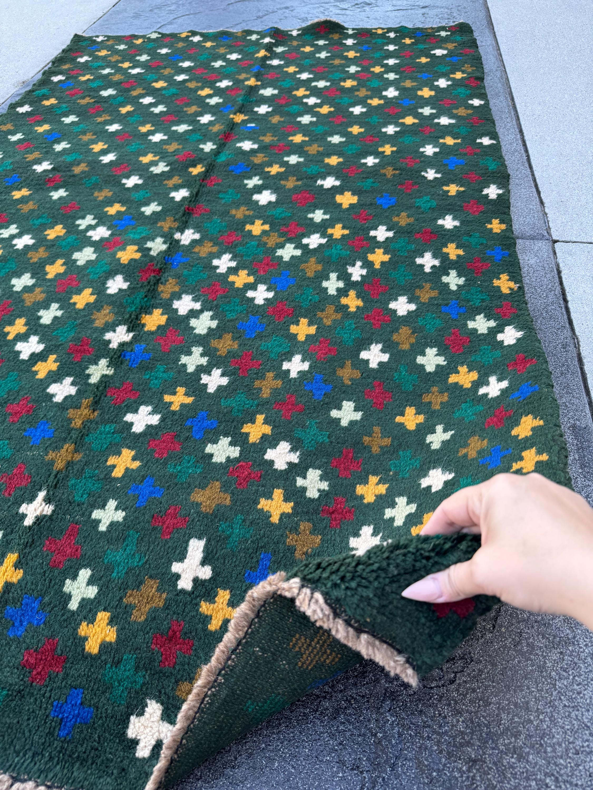 4x6 Handmade Vintage Afghan Baluch Rug | Pine Forest Mint Olive Green Mustard Gold White Brick Red Navy Blue | Wool Flatwoven