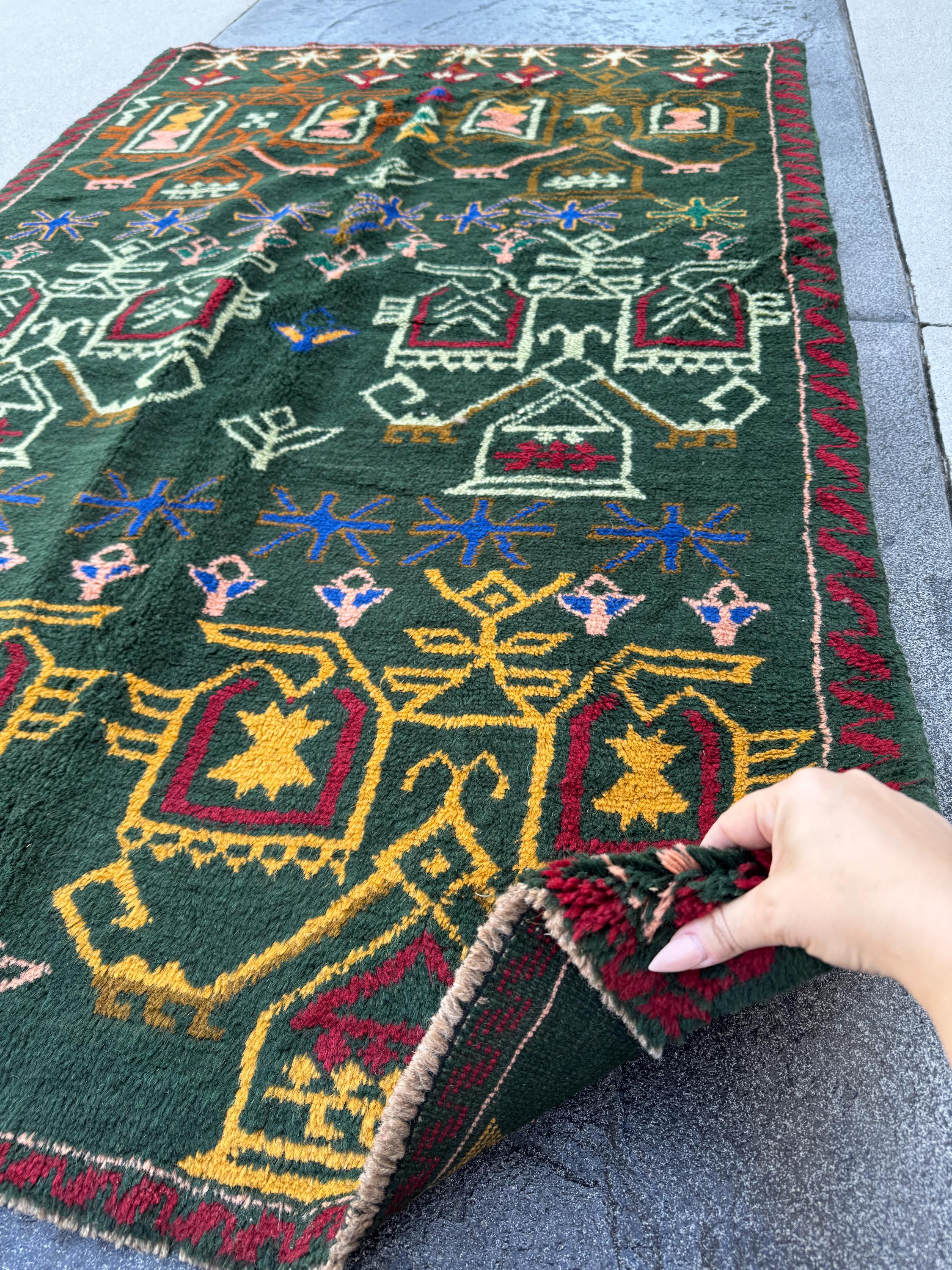 4x6 Handmade Vintage Afghan Baluch Rug | Pine Mint Forest Olive Green Mustard Gold Peach Navy Blue Brick Red Burnt Orange | Wool Flatwoven