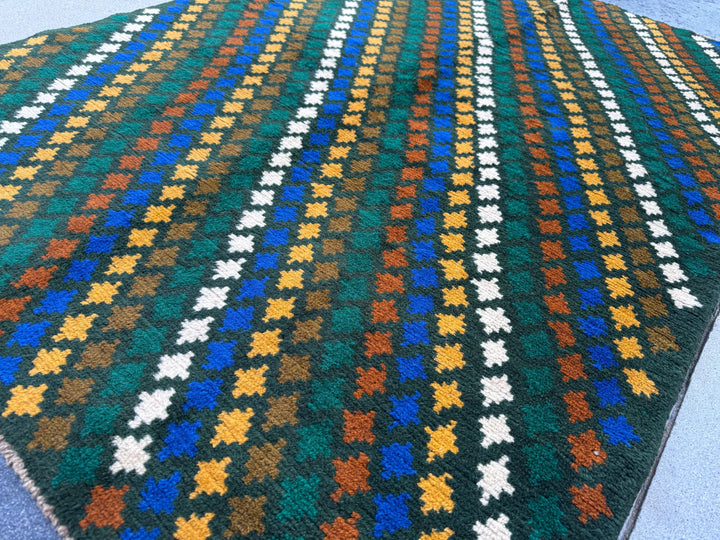 4x6 Handmade Vintage Afghan Baluch Rug | Pine Forest Olive Green Mustard Gold White Copper Brown Navy Blue | Wool Flatwoven