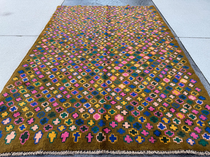 4x6 Handmade Vintage Afghan Baluch Rug | Olive Forest Pine Green Mustard Gold Navy Blue Rose Salmon Pink Peach Black | Wool Flatwoven