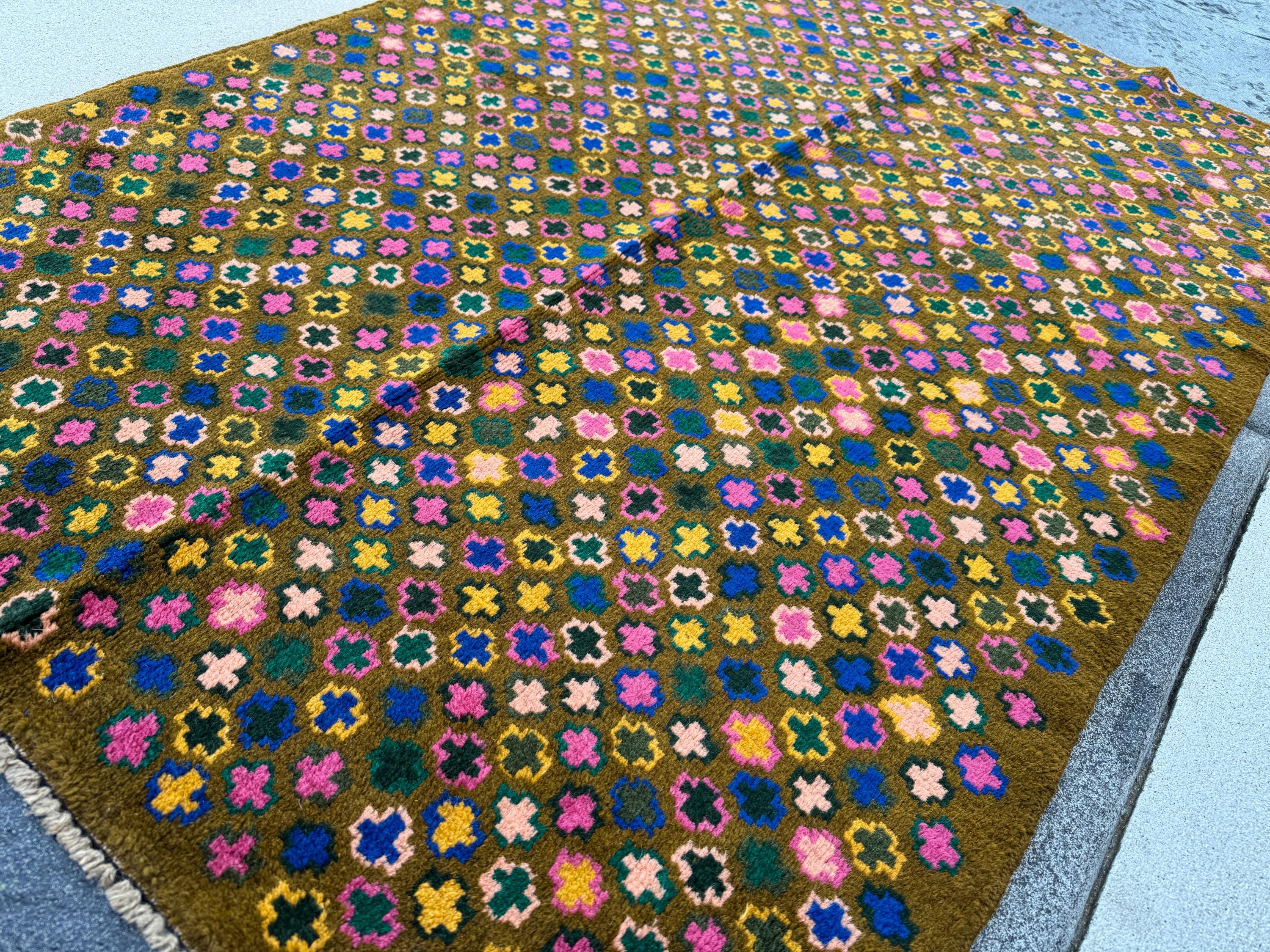 4x6 Handmade Vintage Afghan Baluch Rug | Olive Forest Pine Green Mustard Gold Navy Blue Rose Salmon Pink Peach Black | Wool Flatwoven