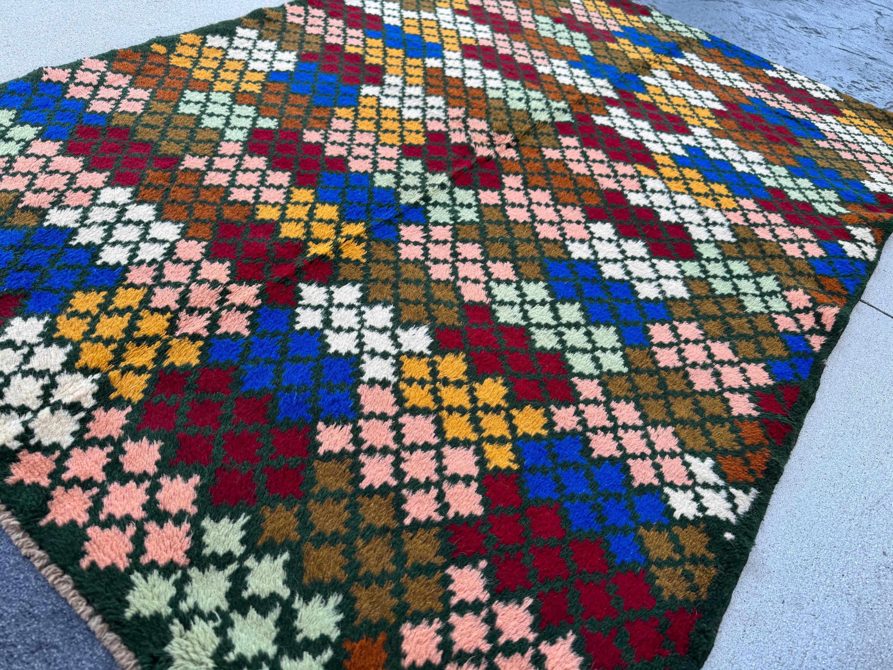 4x6 Handmade Vintage Afghan Baluch Rug | Pine Olive Mint Green Brick Red Navy Blue White Mustard Gold Burnt Orange Salmon Pink Peach | Wool