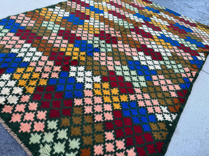4x6 Handmade Vintage Afghan Baluch Rug | Pine Olive Mint Green Brick Red Navy Blue White Mustard Gold Burnt Orange Salmon Pink Peach | Wool