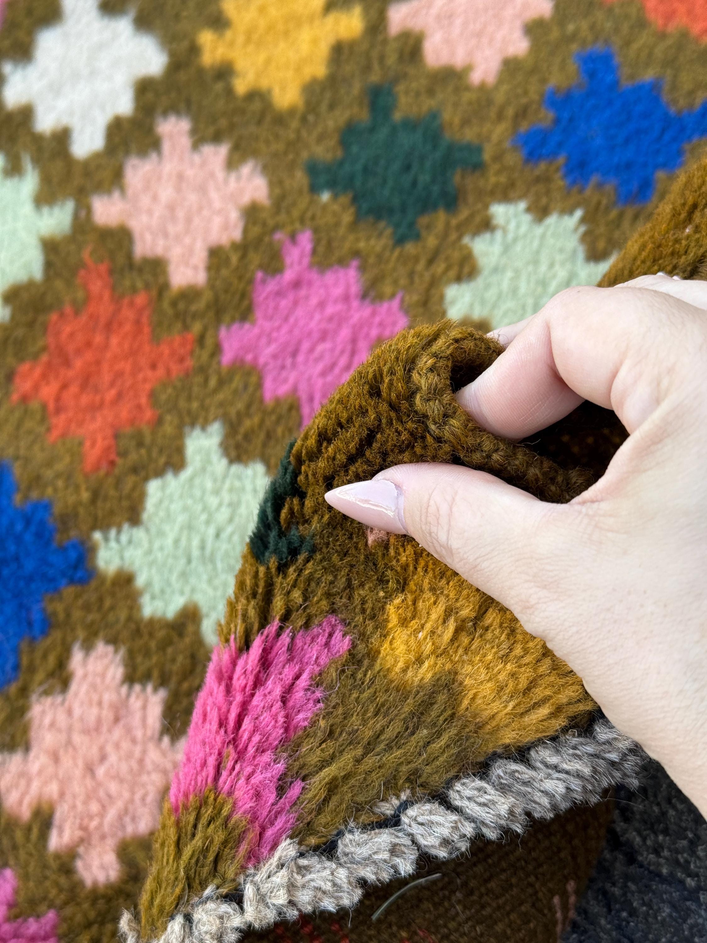 4x6 Handmade Vintage Afghan Baluch Rug | Olive Pine Mint Green Rose Salmon Pink Peach Navy Blue White Burnt Orange Mustard Gold | Wool