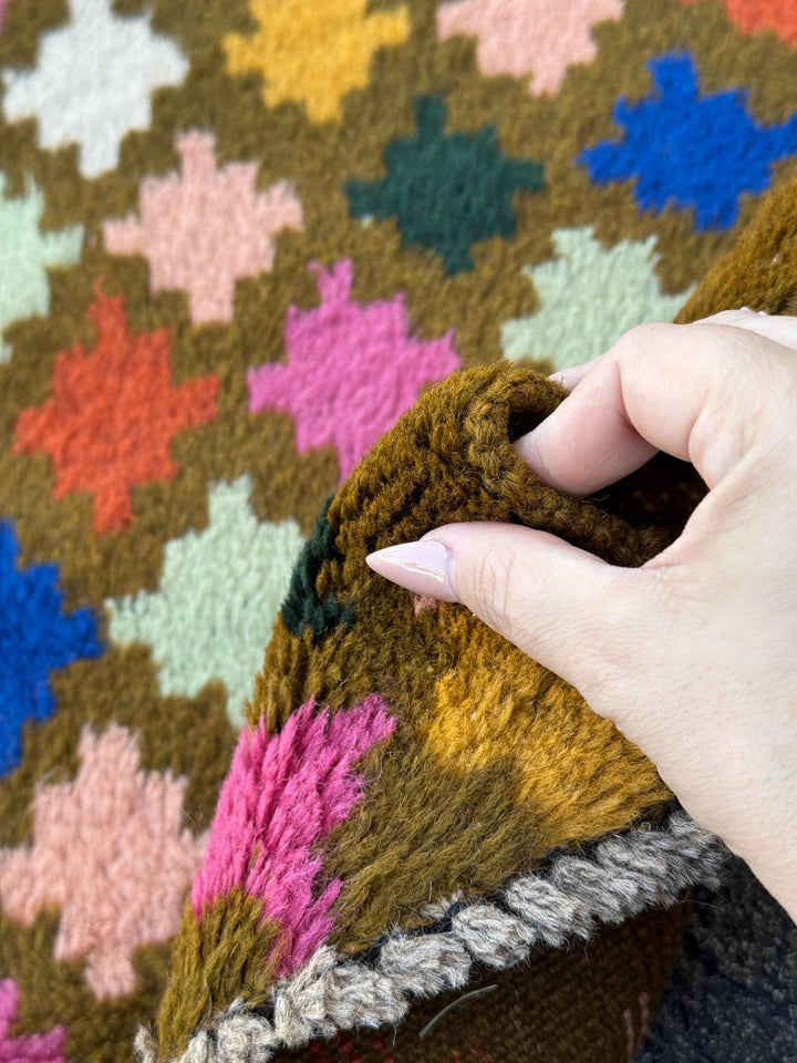 4x6 Handmade Vintage Afghan Baluch Rug | Olive Pine Mint Green Rose Salmon Pink Peach Navy Blue White Burnt Orange Mustard Gold | Wool