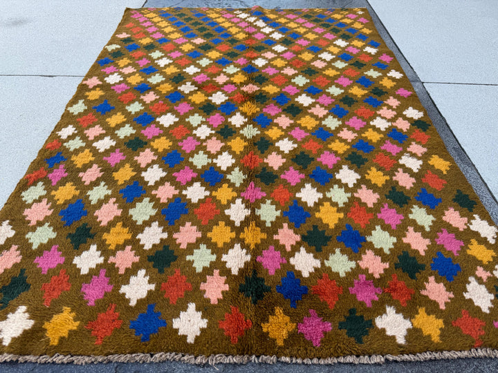 4x6 Handmade Vintage Afghan Baluch Rug | Olive Pine Mint Green Rose Salmon Pink Peach Navy Blue White Burnt Orange Mustard Gold | Wool