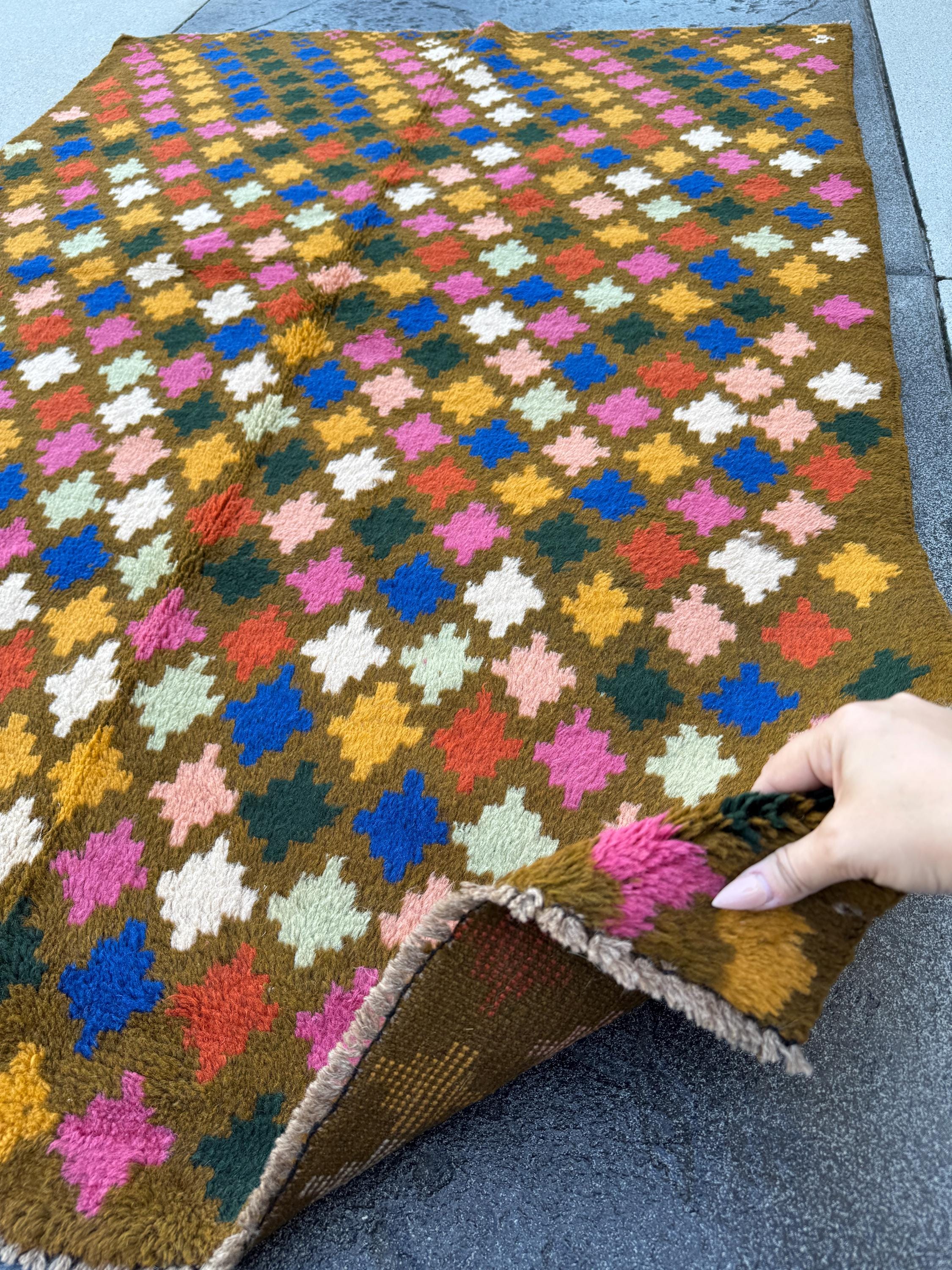 4x6 Handmade Vintage Afghan Baluch Rug | Olive Pine Mint Green Rose Salmon Pink Peach Navy Blue White Burnt Orange Mustard Gold | Wool