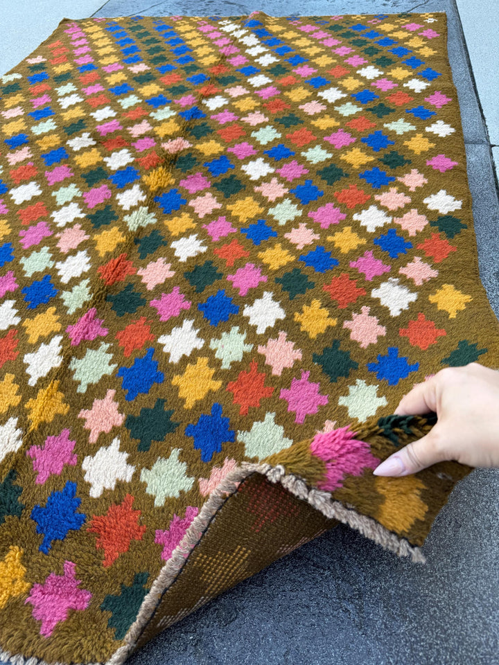 4x6 Handmade Vintage Afghan Baluch Rug | Olive Pine Mint Green Rose Salmon Pink Peach Navy Blue White Burnt Orange Mustard Gold | Wool