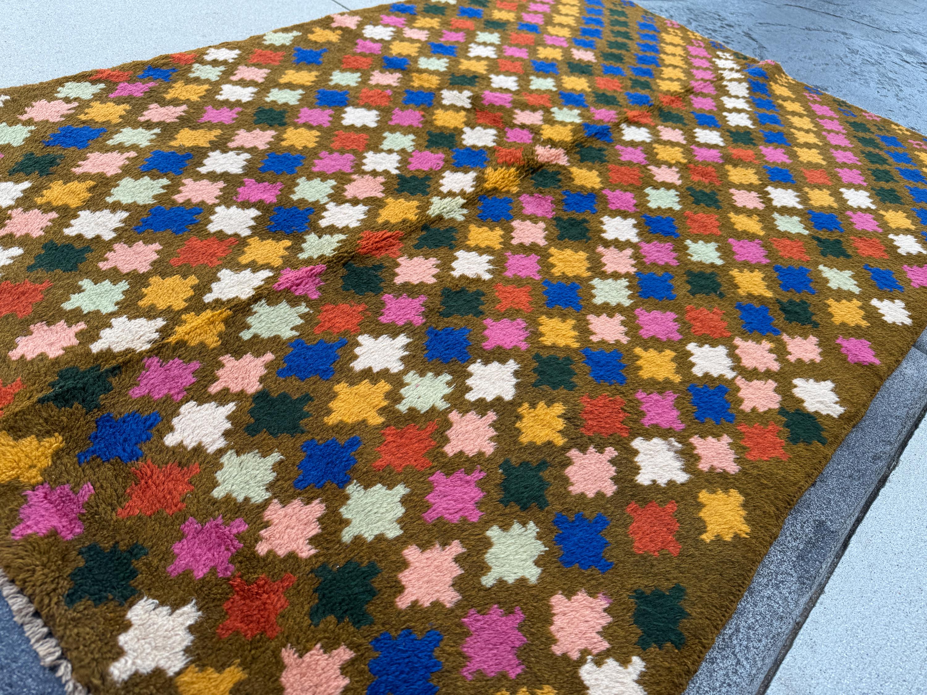 4x6 Handmade Vintage Afghan Baluch Rug | Olive Pine Mint Green Rose Salmon Pink Peach Navy Blue White Burnt Orange Mustard Gold | Wool