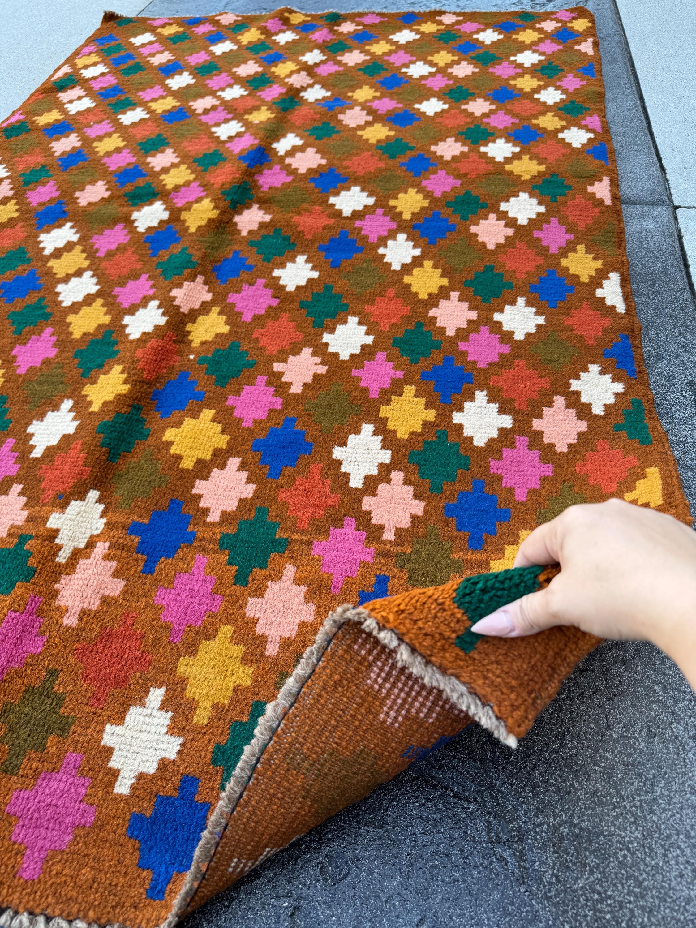 4x6 Handmade Vintage Afghan Baluch Rug | Chocolate Brown Burnt Orange Rose Salmon Pink Peach White Forest Olive Green Mustard Gold Navy Blue