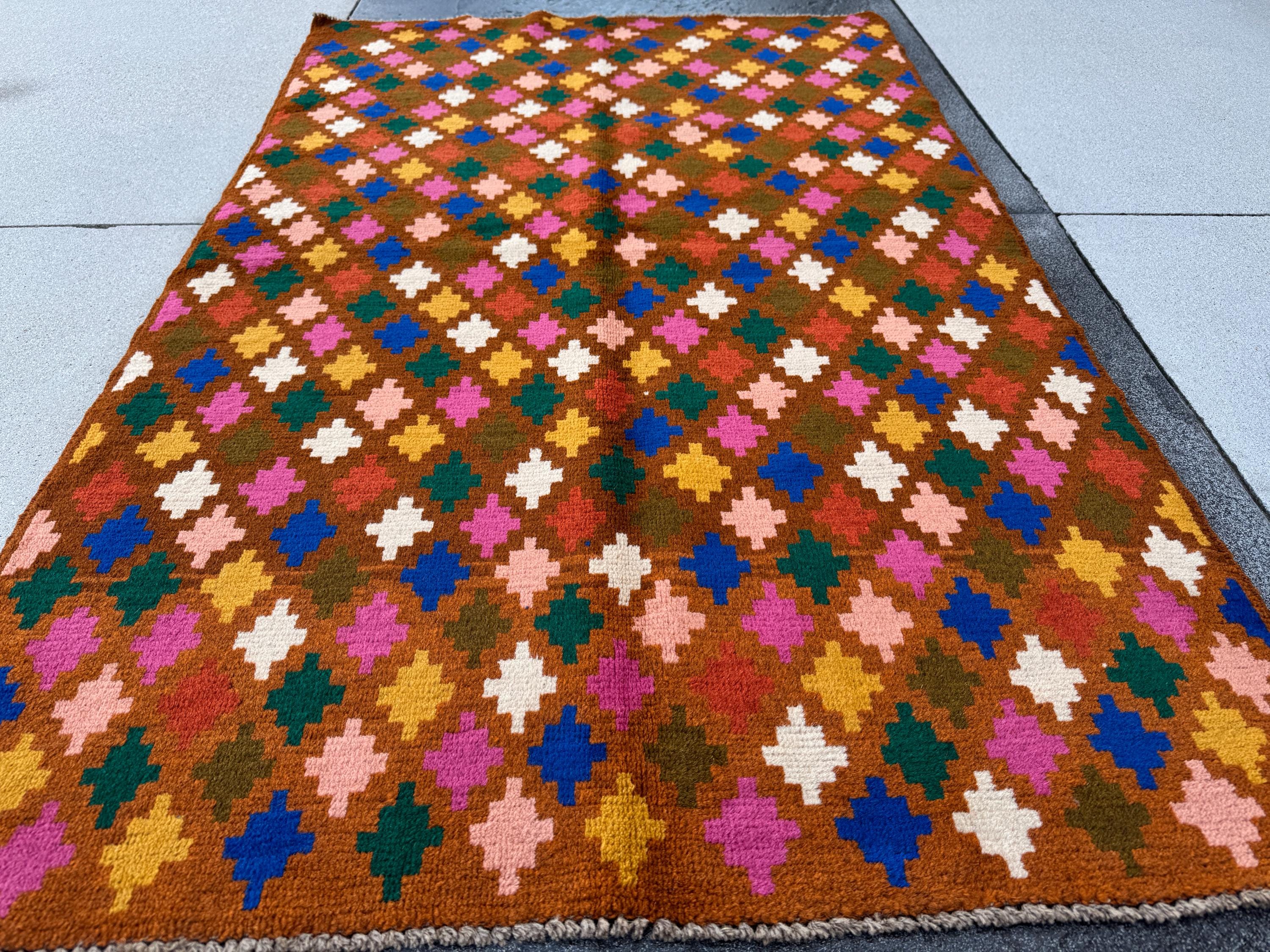 4x6 Handmade Vintage Afghan Baluch Rug | Chocolate Brown Burnt Orange Rose Salmon Pink Peach White Forest Olive Green Mustard Gold Navy Blue