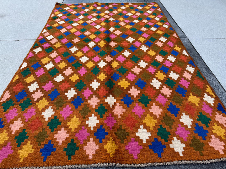 4x6 Handmade Vintage Afghan Baluch Rug | Chocolate Brown Burnt Orange Rose Salmon Pink Peach White Forest Olive Green Mustard Gold Navy Blue