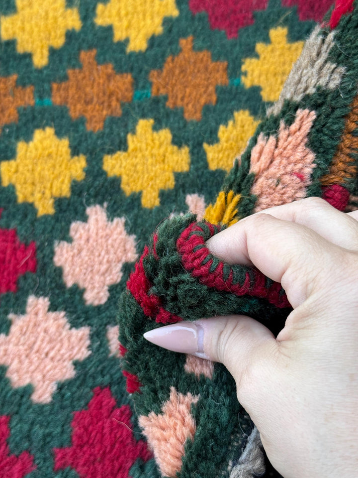 4x6 Handmade Vintage Afghan Baluch Rug | Pine Forest Green Mustard Gold Chocolate Brown Salmon Pink Peach Brick Red Grey | Wool Flatwoven