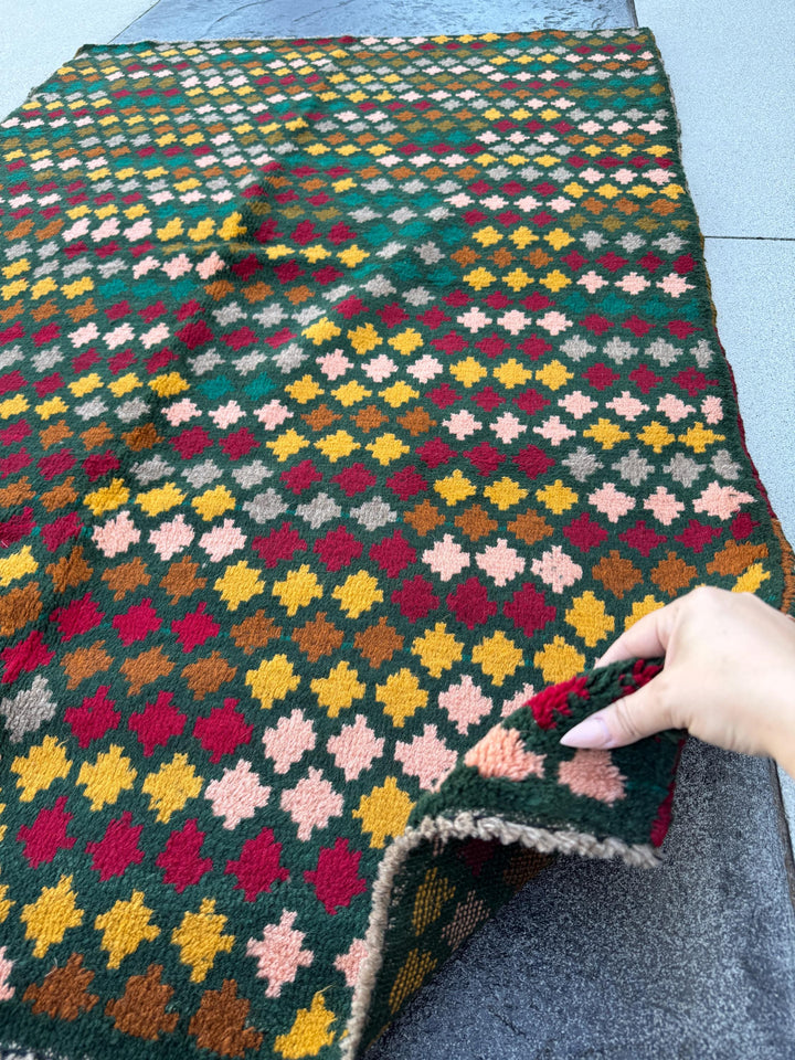 4x6 Handmade Vintage Afghan Baluch Rug | Pine Forest Green Mustard Gold Chocolate Brown Salmon Pink Peach Brick Red Grey | Wool Flatwoven