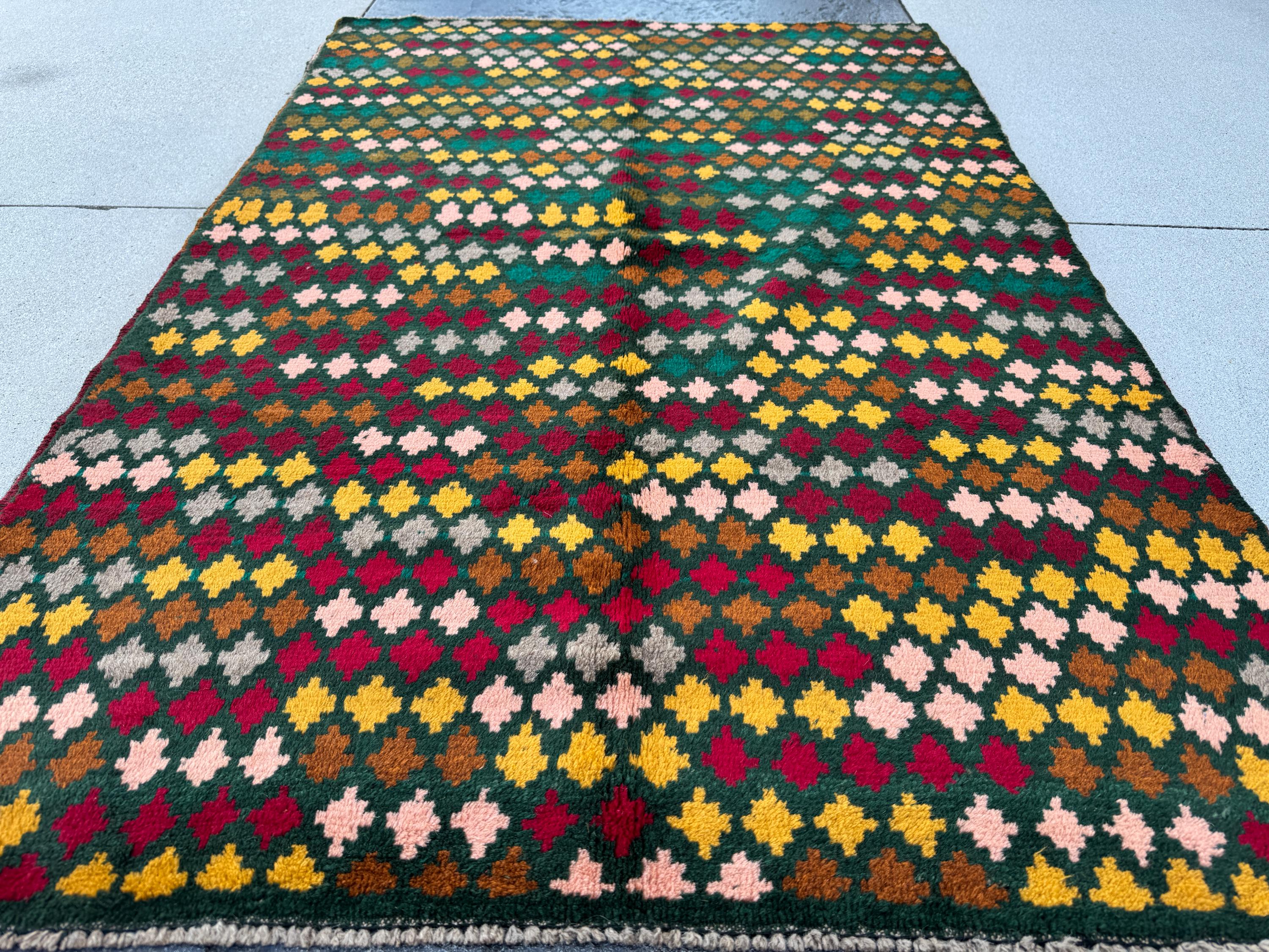 4x6 Handmade Vintage Afghan Baluch Rug | Pine Forest Green Mustard Gold Chocolate Brown Salmon Pink Peach Brick Red Grey | Wool Flatwoven