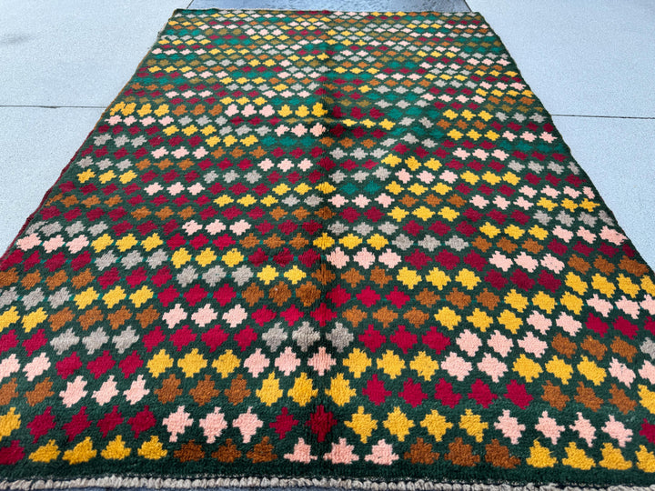 4x6 Handmade Vintage Afghan Baluch Rug | Pine Forest Green Mustard Gold Chocolate Brown Salmon Pink Peach Brick Red Grey | Wool Flatwoven