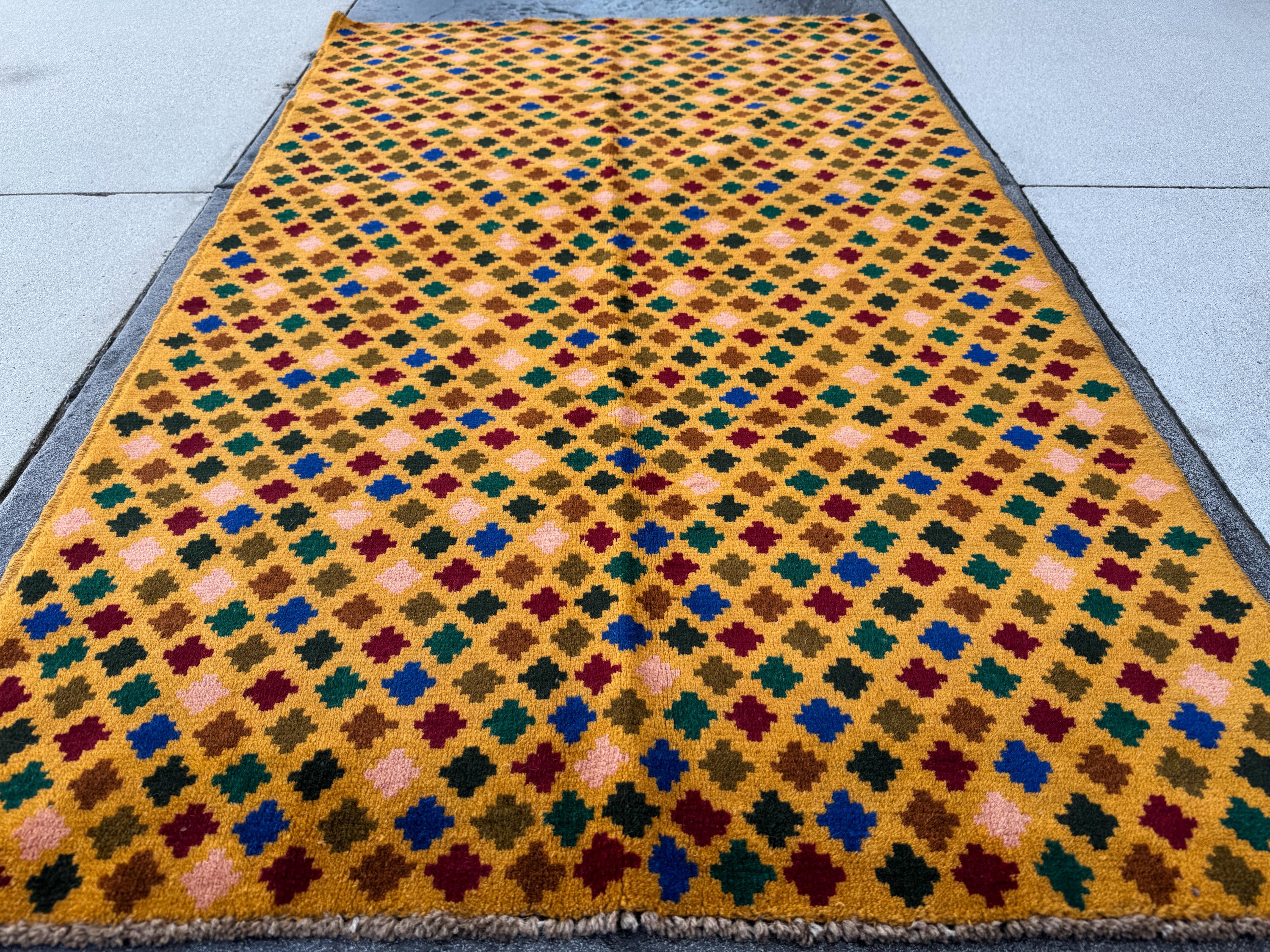 4x6 Handmade Vintage Afghan Baluch Rug | Mustard Gold Salmon Pink Peach Navy Blue Brick Red Forest Olive Green Copper Brown Black | Wool