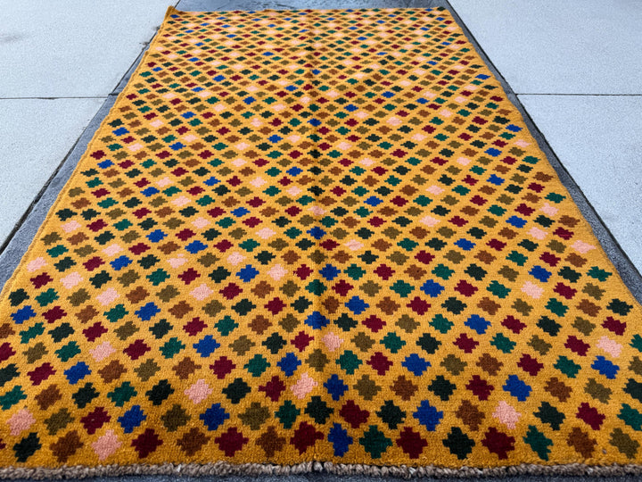 4x6 Handmade Vintage Afghan Baluch Rug | Mustard Gold Salmon Pink Peach Navy Blue Brick Red Forest Olive Green Copper Brown Black | Wool