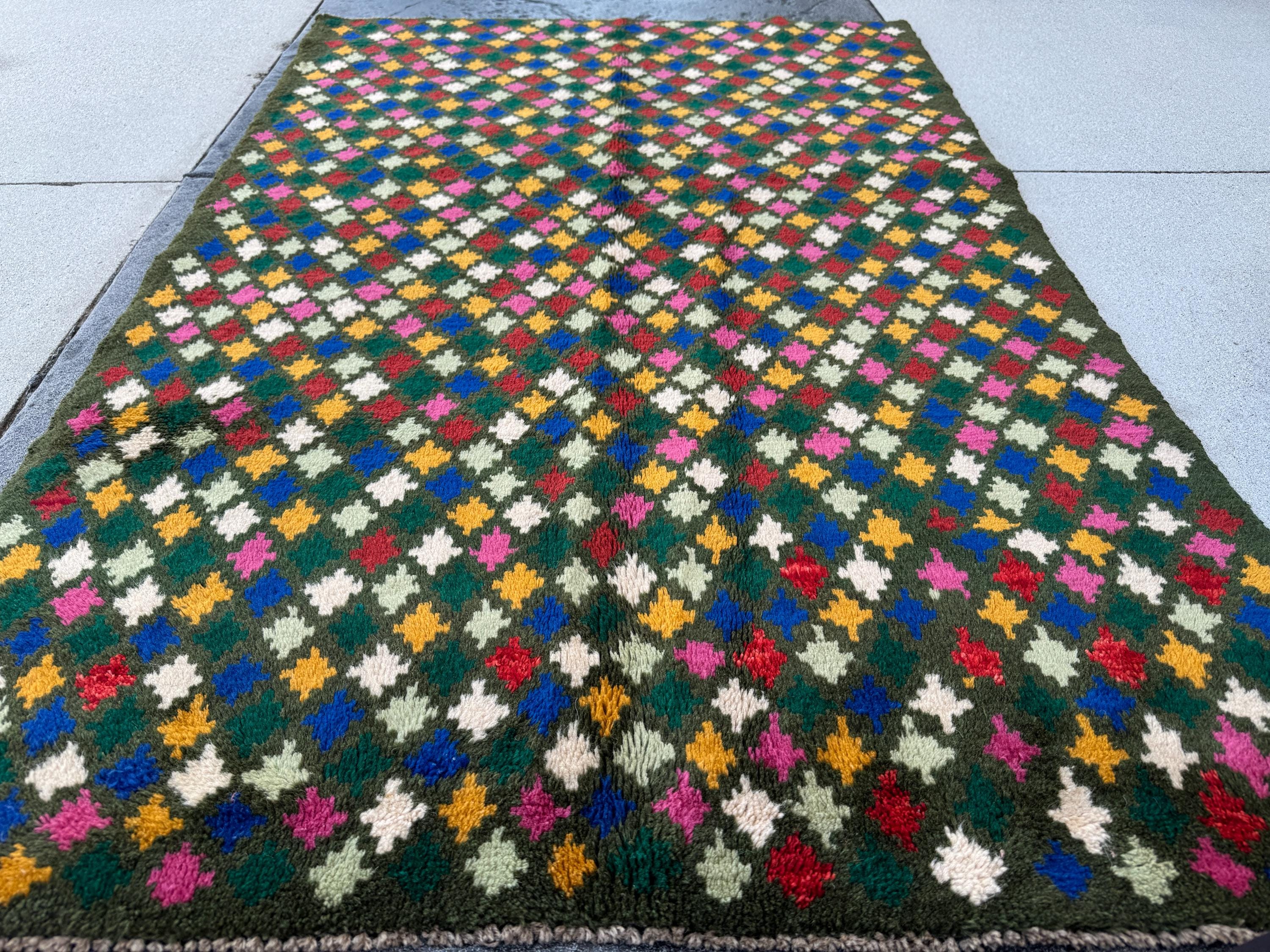 4x6 Handmade Vintage Afghan Baluch Rug | Pine Forest Mint Green Mustard Gold Brick Red White Rose Pink Navy Blue | Wool Flatwoven