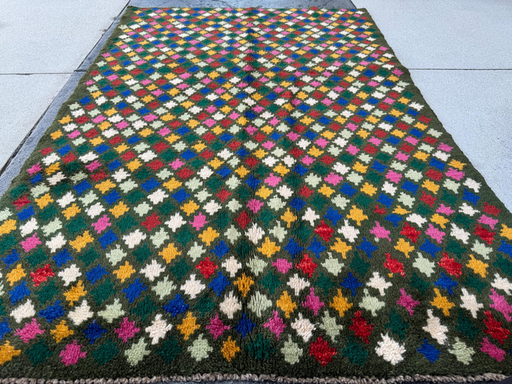 4x6 Handmade Vintage Afghan Baluch Rug | Pine Forest Mint Green Mustard Gold Brick Red White Rose Pink Navy Blue | Wool Flatwoven