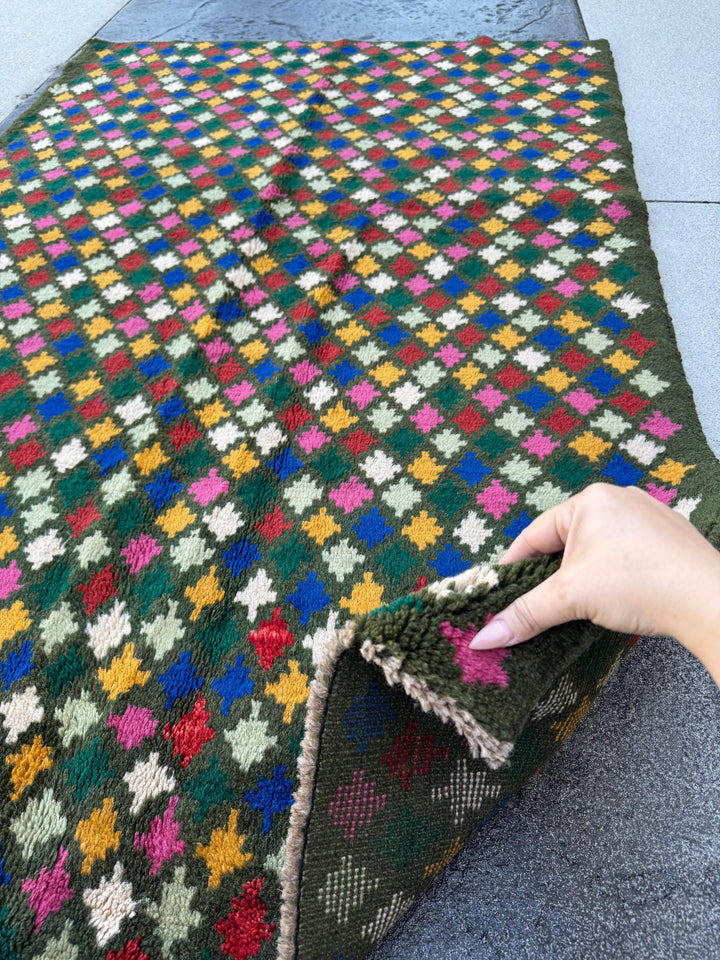 4x6 Handmade Vintage Afghan Baluch Rug | Pine Forest Mint Green Mustard Gold Brick Red White Rose Pink Navy Blue | Wool Flatwoven