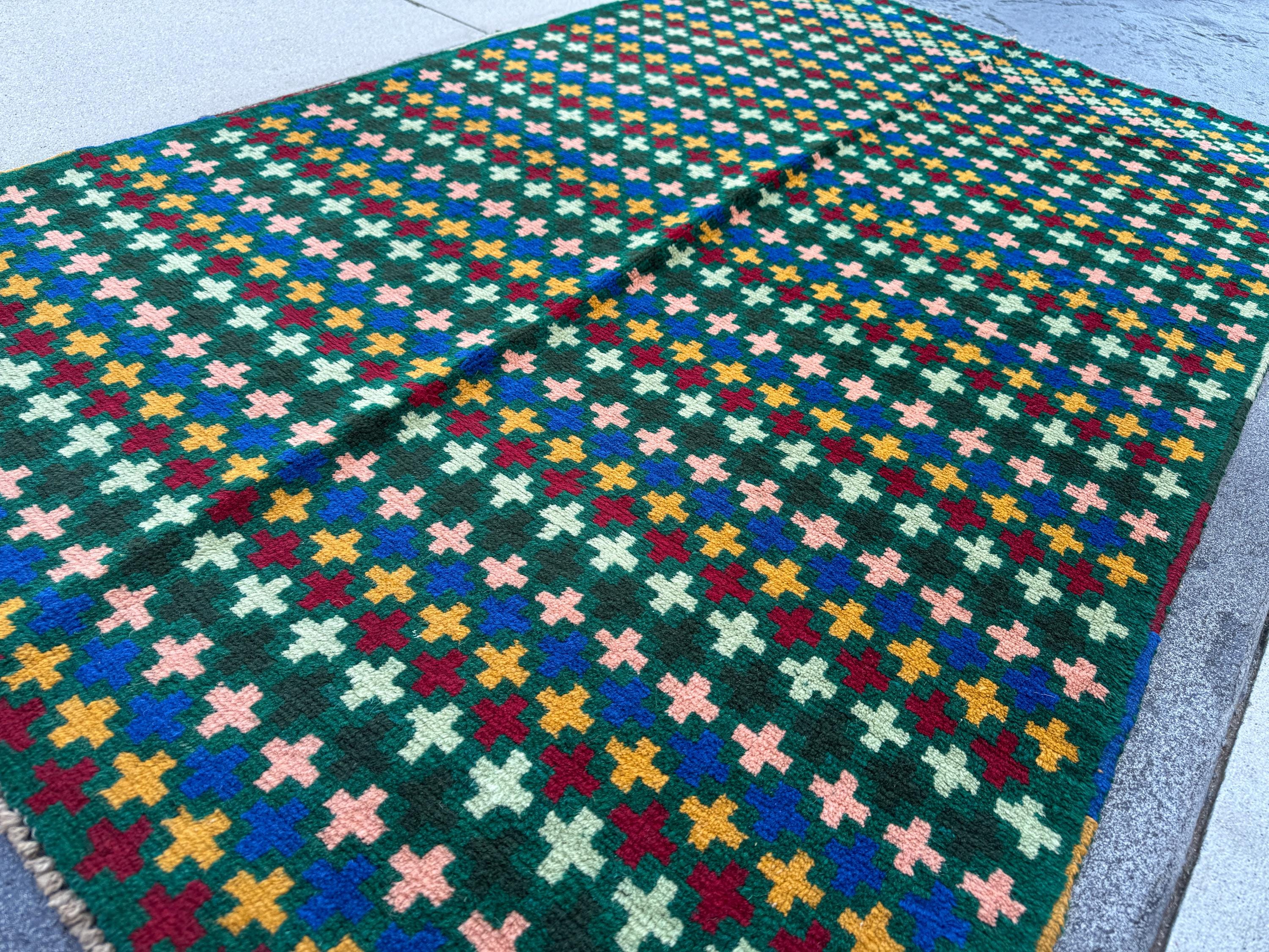 4x6 Handmade Vintage Afghan Baluch Rug | Forest Mint Green Brick Red Black Mustard Gold Navy Blue Salmon Pink Peach | Wool Flatwoven