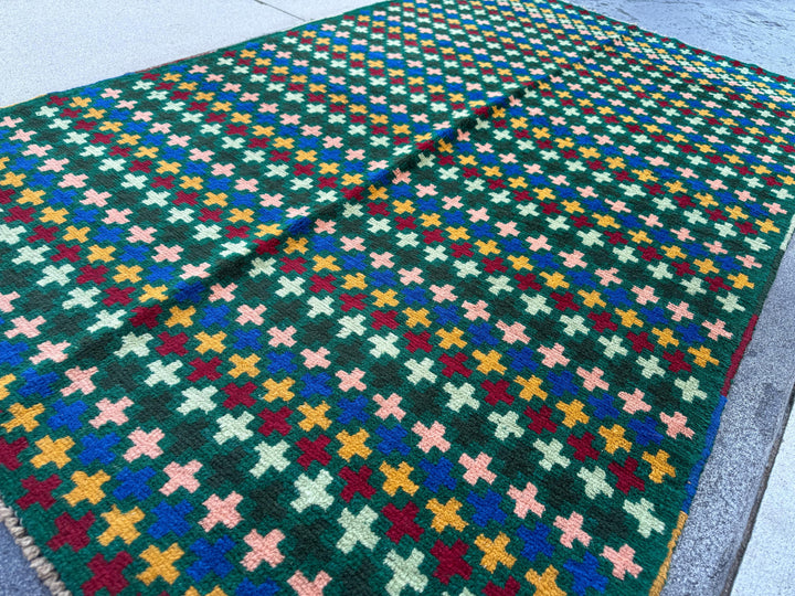 4x6 Handmade Vintage Afghan Baluch Rug | Forest Mint Green Brick Red Black Mustard Gold Navy Blue Salmon Pink Peach | Wool Flatwoven
