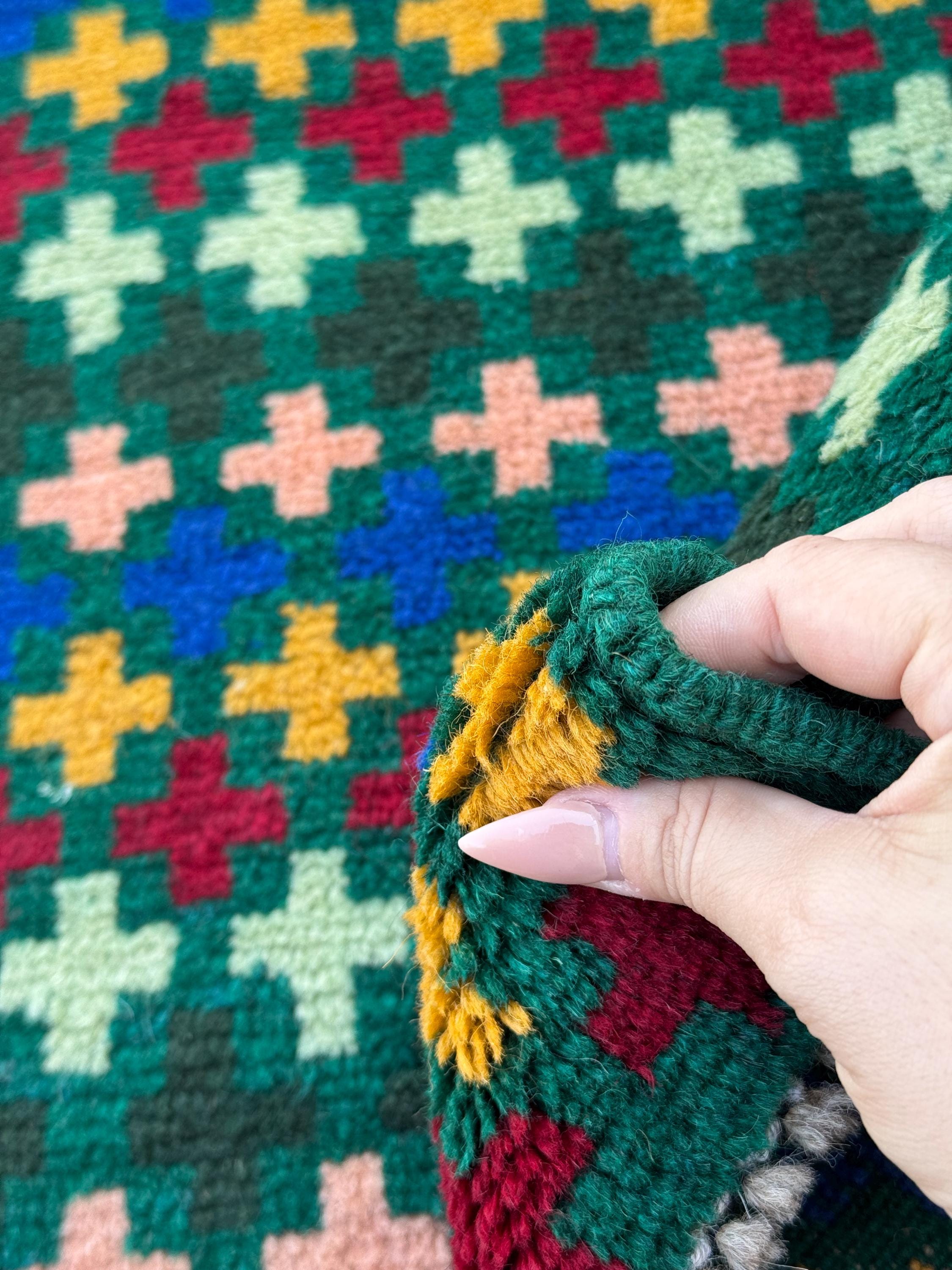 4x6 Handmade Vintage Afghan Baluch Rug | Forest Mint Green Brick Red Black Mustard Gold Navy Blue Salmon Pink Peach | Wool Flatwoven