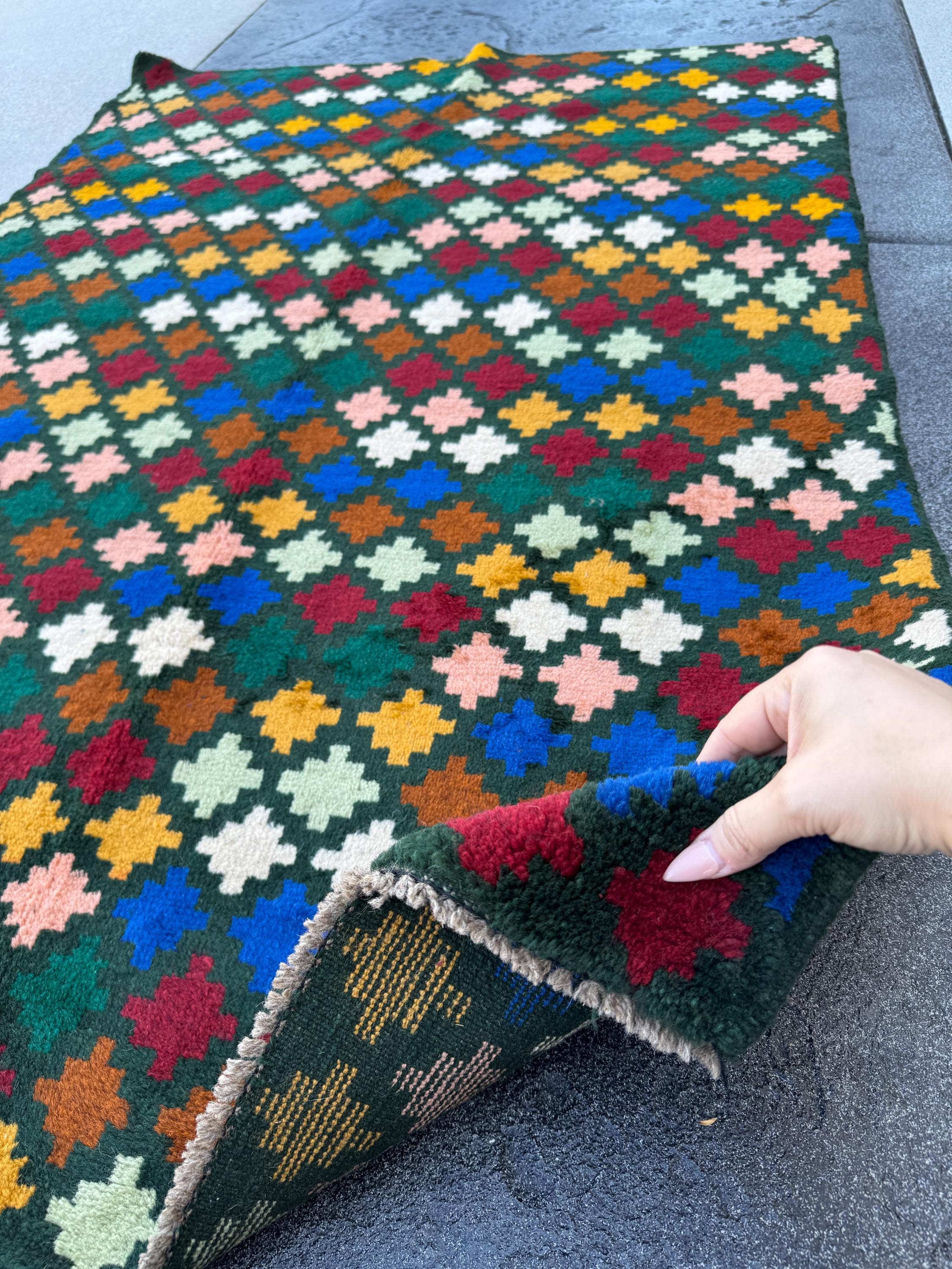 4x6 Handmade Vintage Afghan Baluch Rug | Pine Forest Mint Green Salmon Pink Peach Navy Blue Mustard Gold Brick Red Copper Brown White | Wool