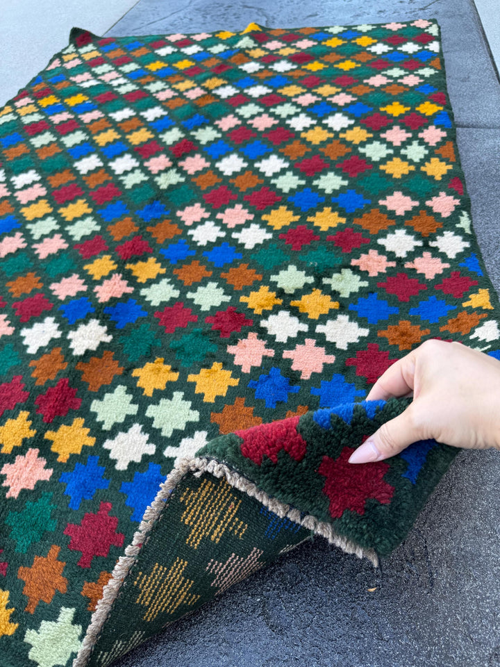 4x6 Handmade Vintage Afghan Baluch Rug | Pine Forest Mint Green Salmon Pink Peach Navy Blue Mustard Gold Brick Red Copper Brown White | Wool