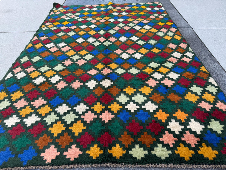 4x6 Handmade Vintage Afghan Baluch Rug | Pine Forest Mint Green Salmon Pink Peach Navy Blue Mustard Gold Brick Red Copper Brown White | Wool