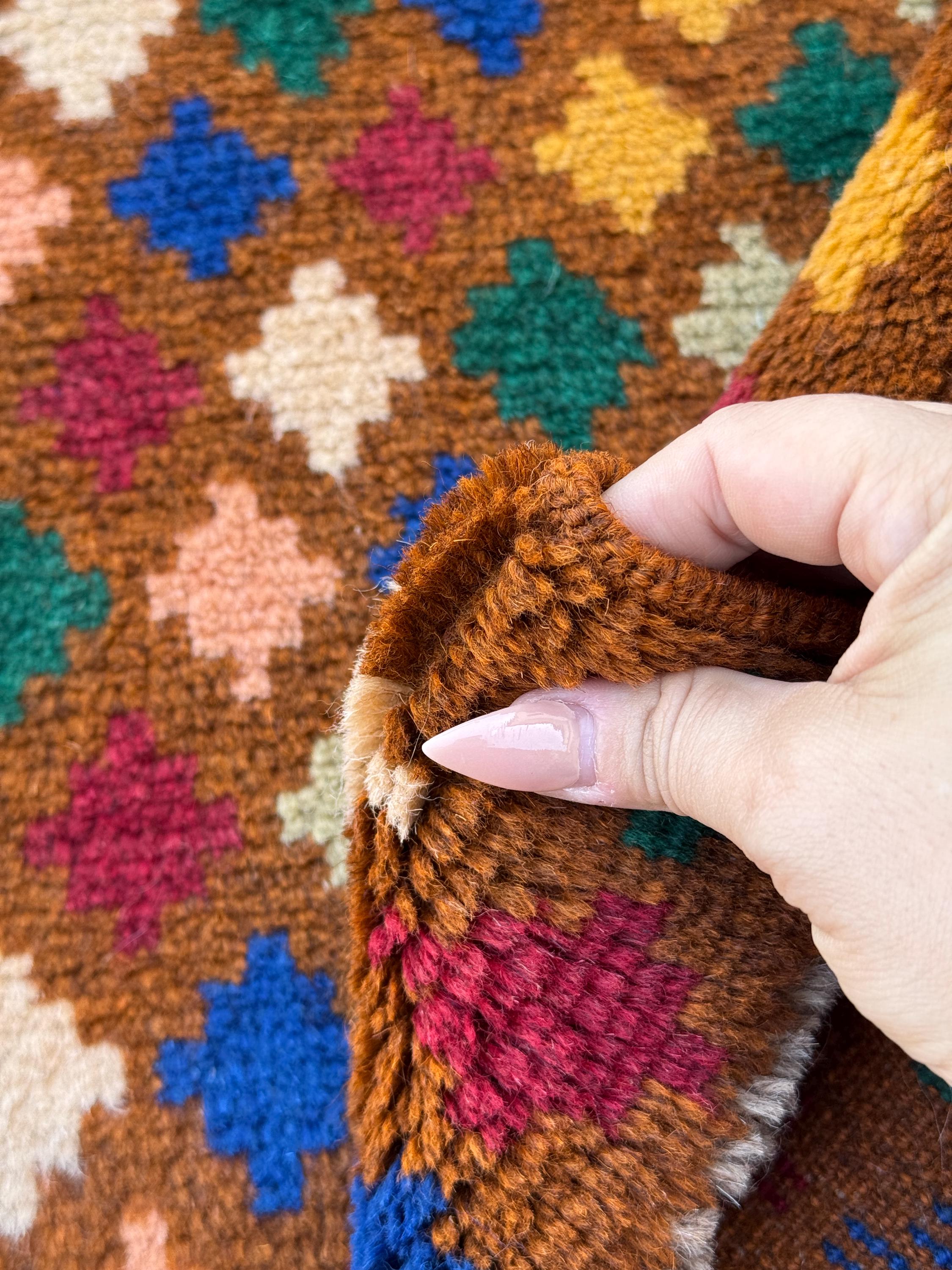 4x6 Handmade Vintage Afghan Baluch Rug | Chocolate Brown Pine Mint Green Navy Blue White Salmon Pink Peach Mustard Gold Brick Red | Wool