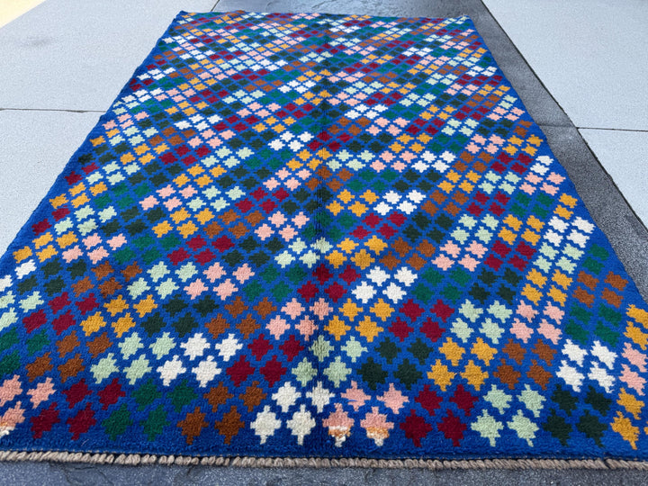 4x6 Handmade Vintage Afghan Baluch Rug | Navy Blue Pine Forest Mint Green Mustard Gold Salmon Pink Brick Red White | Wool Flatwoven