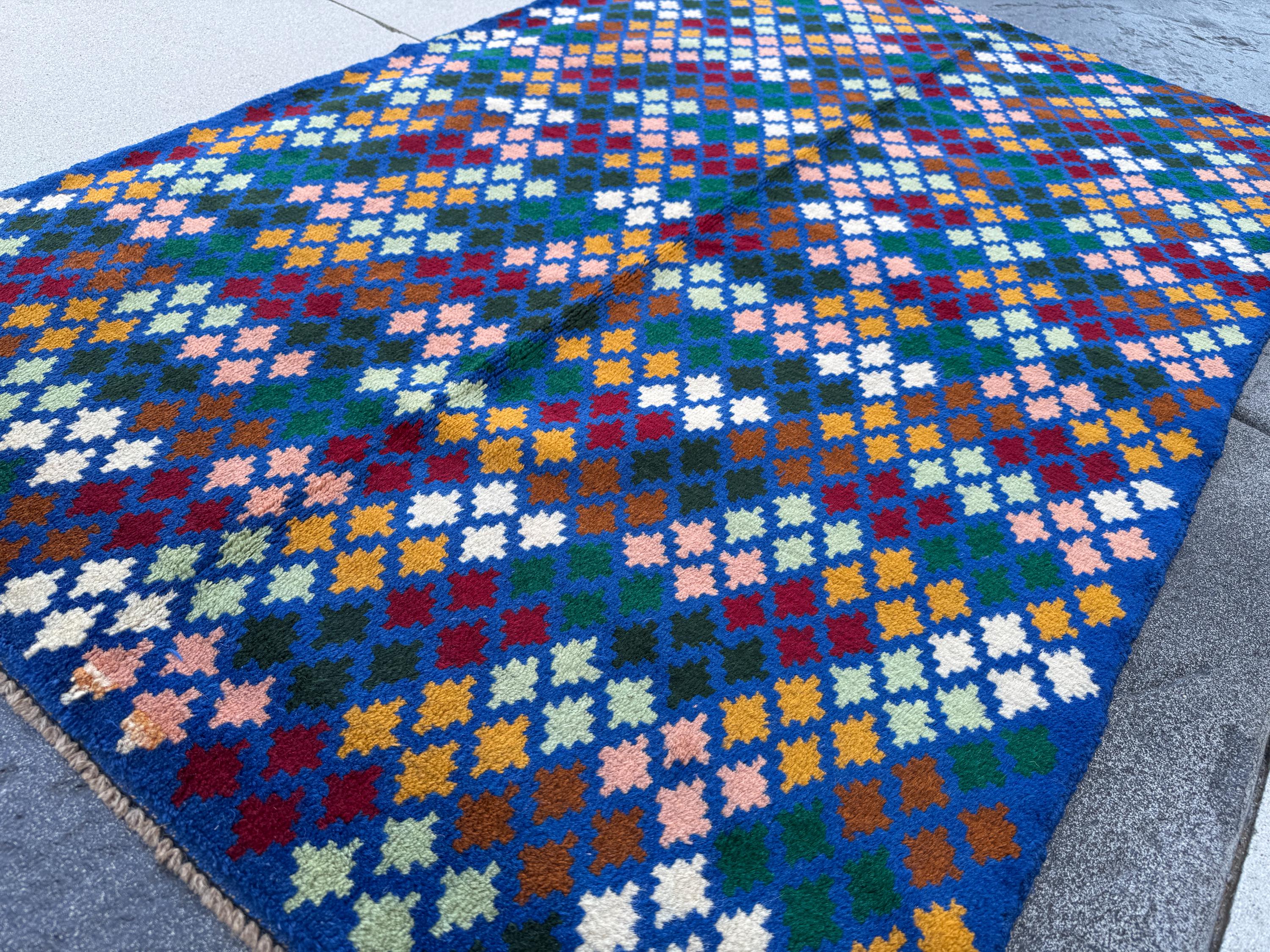 4x6 Handmade Vintage Afghan Baluch Rug | Navy Blue Pine Forest Mint Green Mustard Gold Salmon Pink Brick Red White | Wool Flatwoven