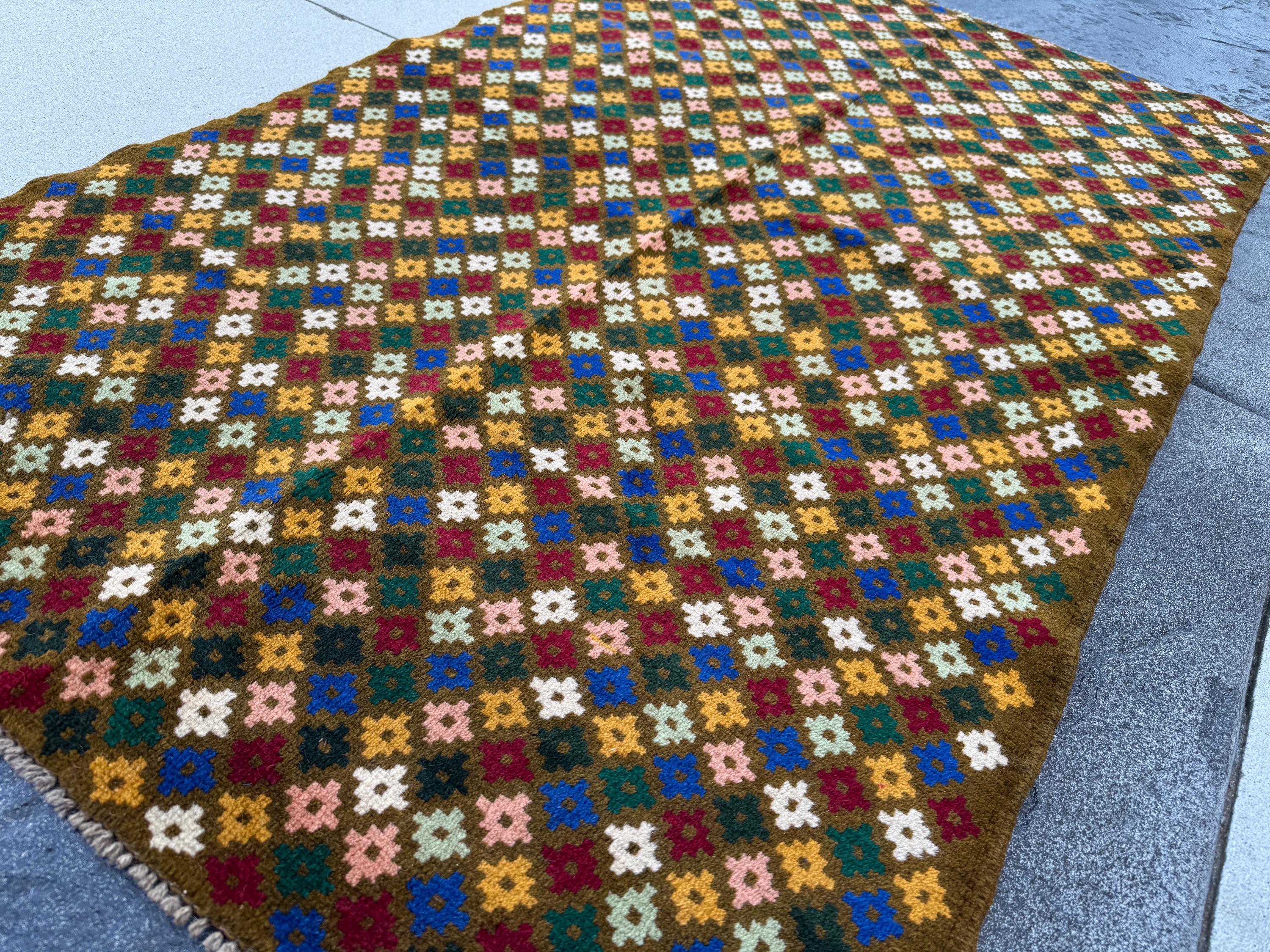 4x6 Handmade Vintage Afghan Baluch Rug | Olive Forest Pine Mint Green Mustard Gold Salmon Pink Peach Brick Red White Navy Blue | Flatwoven