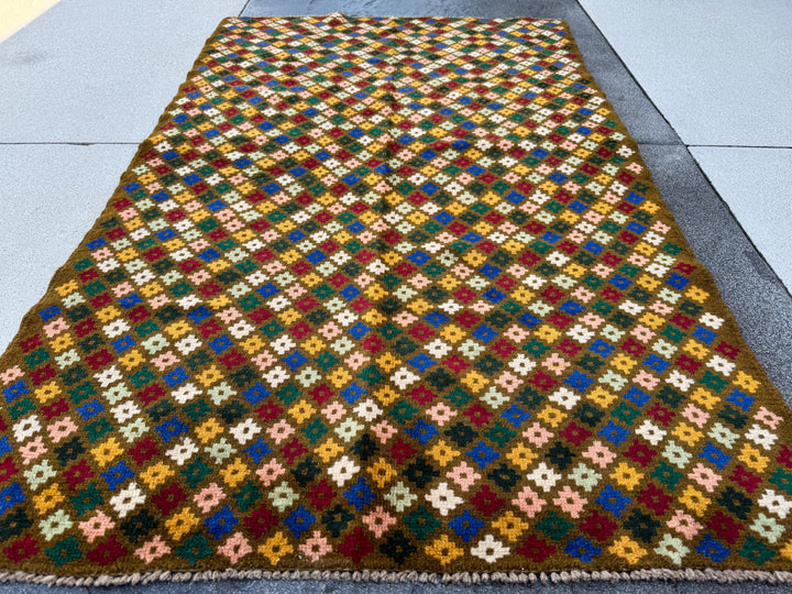 4x6 Handmade Vintage Afghan Baluch Rug | Olive Forest Pine Mint Green Mustard Gold Salmon Pink Peach Brick Red White Navy Blue | Flatwoven