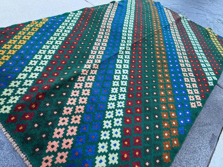 4x6 Handmade Vintage Afghan Baluch Rug | Forest Pine Mint Green Salmon Rose Pink Peach Navy Blue Copper Brown Mustard Gold Black | Wool
