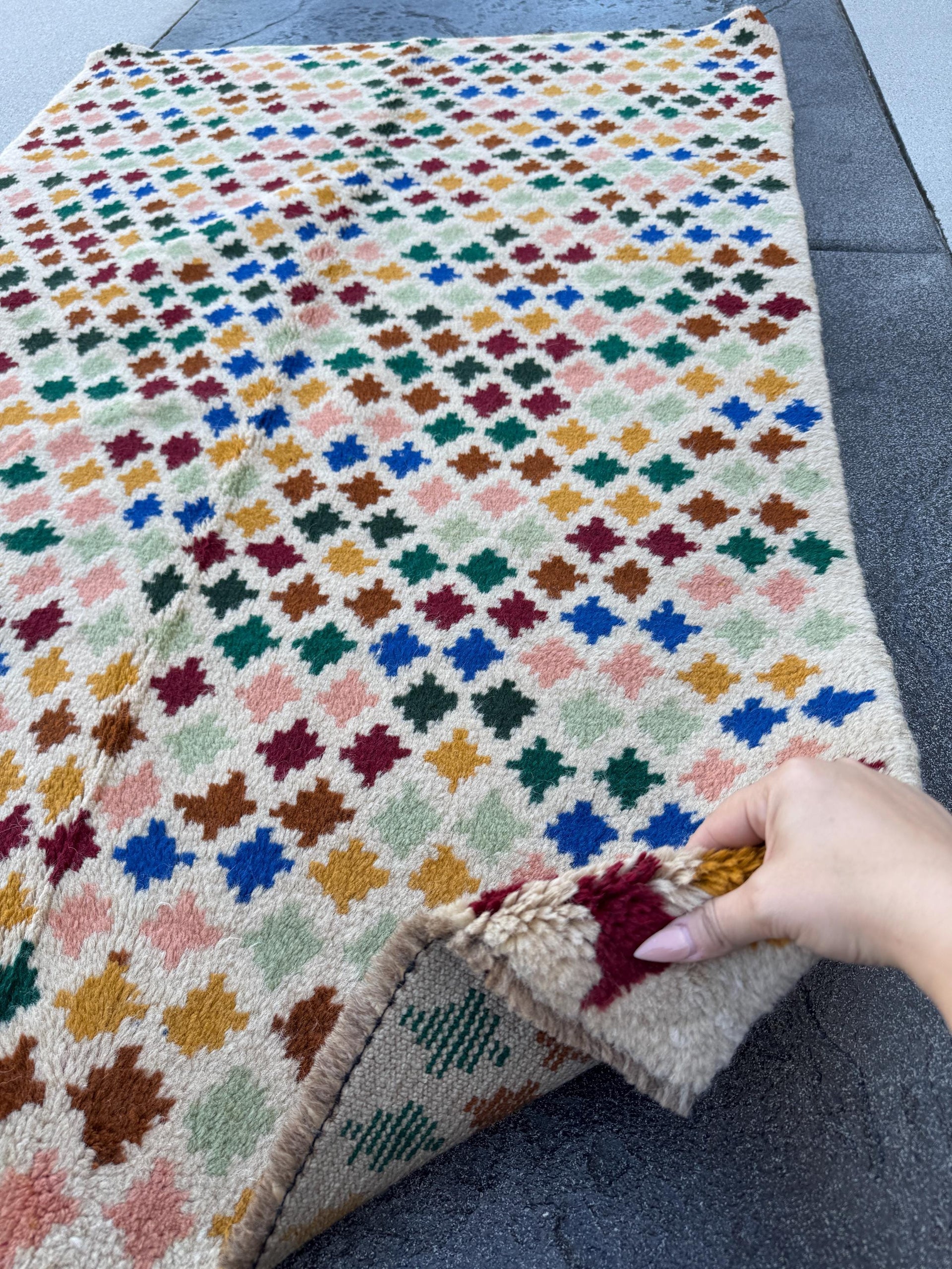 4x6 Handmade Vintage Afghan Baluch Rug | Cream White Copper Brown Mustard Gold Navy Blue Brick Red Forest Mint Green | Wool Flatwoven