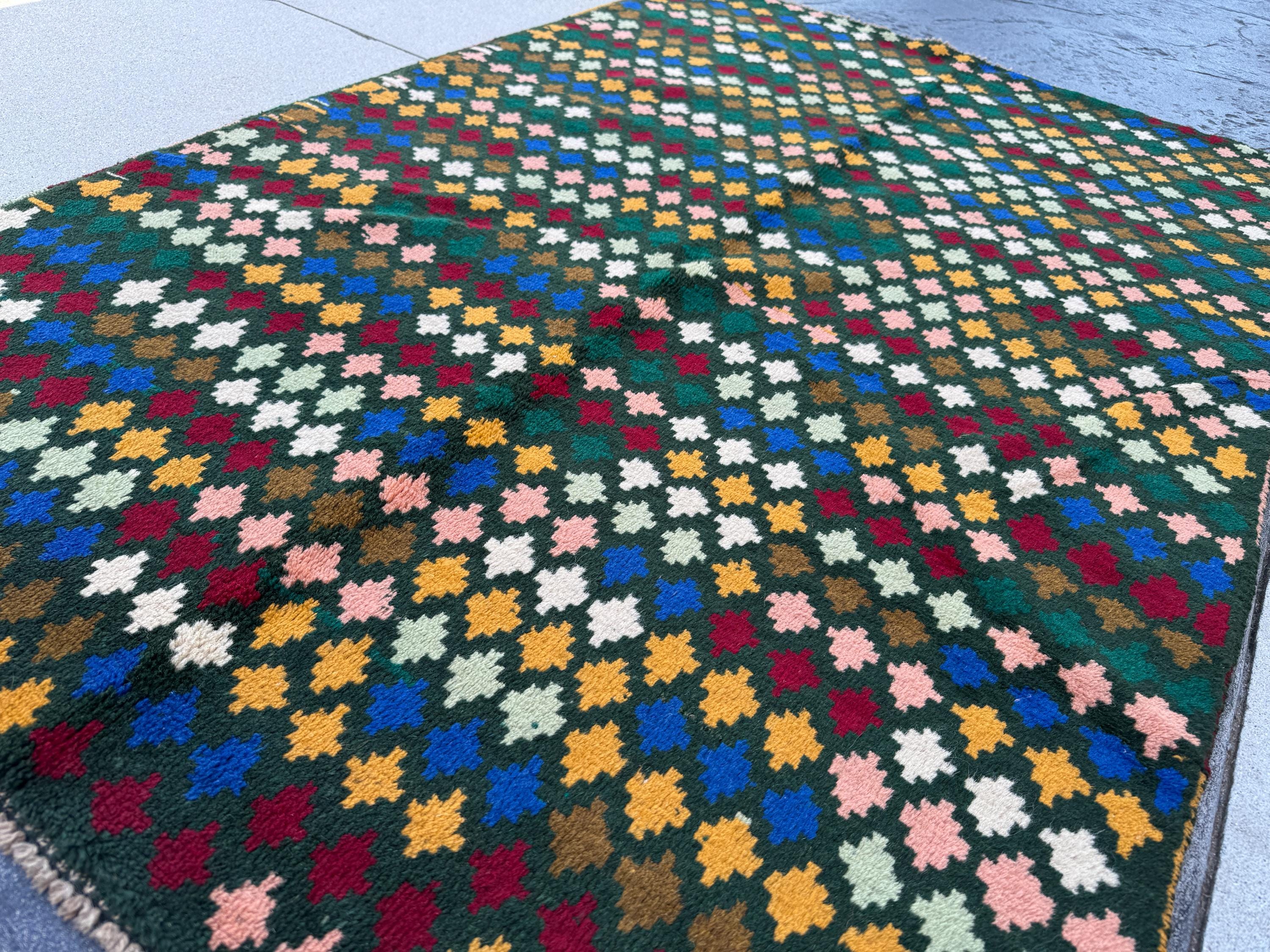 4x6 Handmade Vintage Afghan Baluch Rug | Forest Pine Mint Olive Green Navy Blue Mustard Gold Black Brick Red White Salmon Pink Peach | Wool