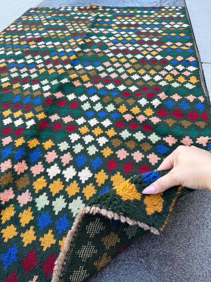 4x6 Handmade Vintage Afghan Baluch Rug | Forest Pine Mint Olive Green Navy Blue Mustard Gold Black Brick Red White Salmon Pink Peach | Wool